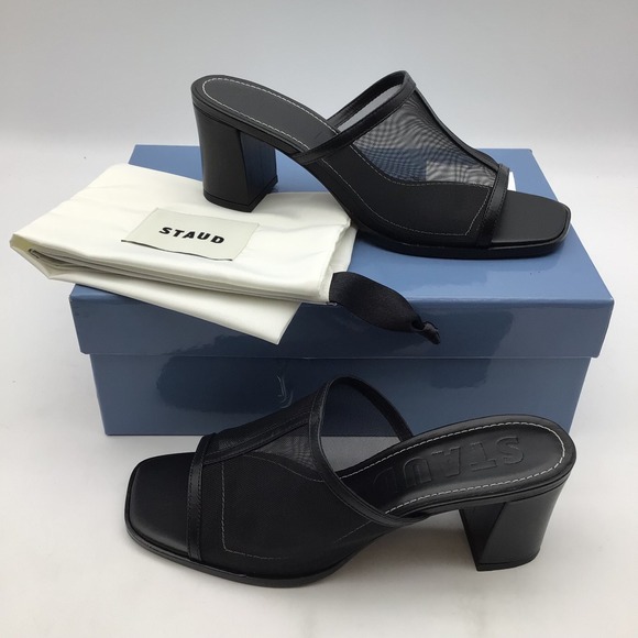 STAUD Shoes - STAUD Alessandra Heel Black Mesh Square Toe Block Heel Mules Size EU 39 US 9 NEW